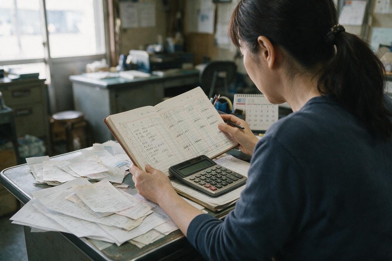 手書きの資金繰り表と電卓を前にする経理担当者